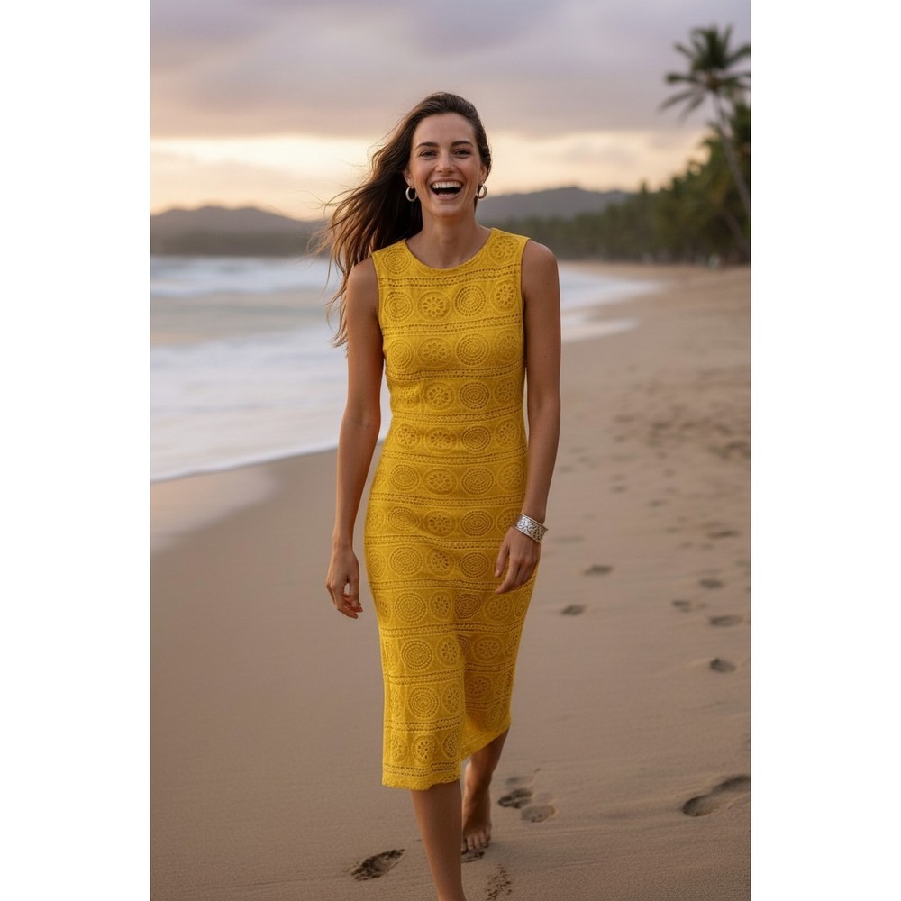 Eyelet Lace Sheath Dress Sleeveless Mustard Yellow Medallion Size 4 Summer Party